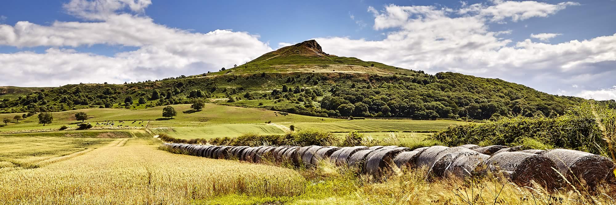 A triangular hill rising from farm fields