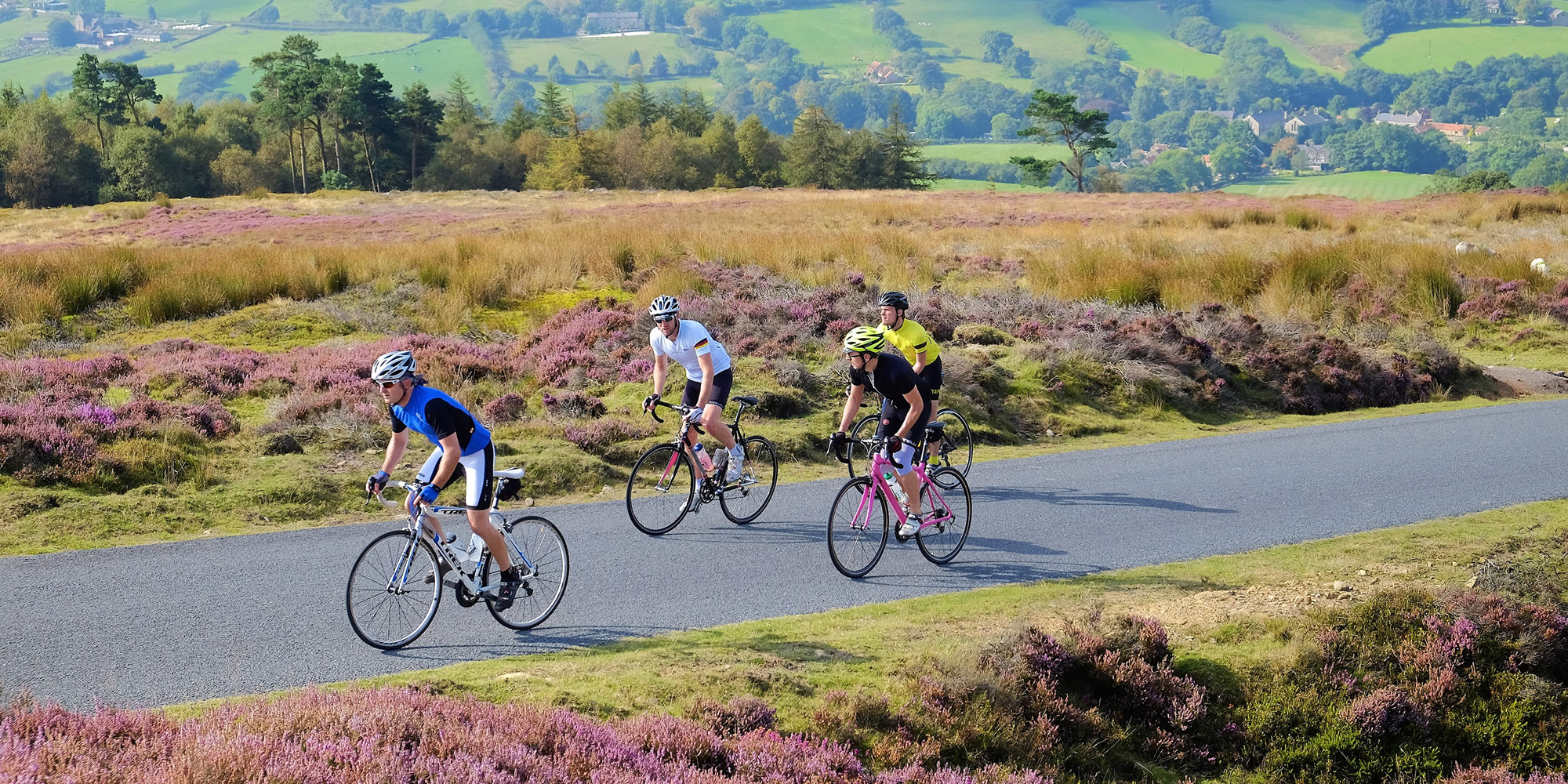 Cyclists on a quite road with heather and grassy fields beyond