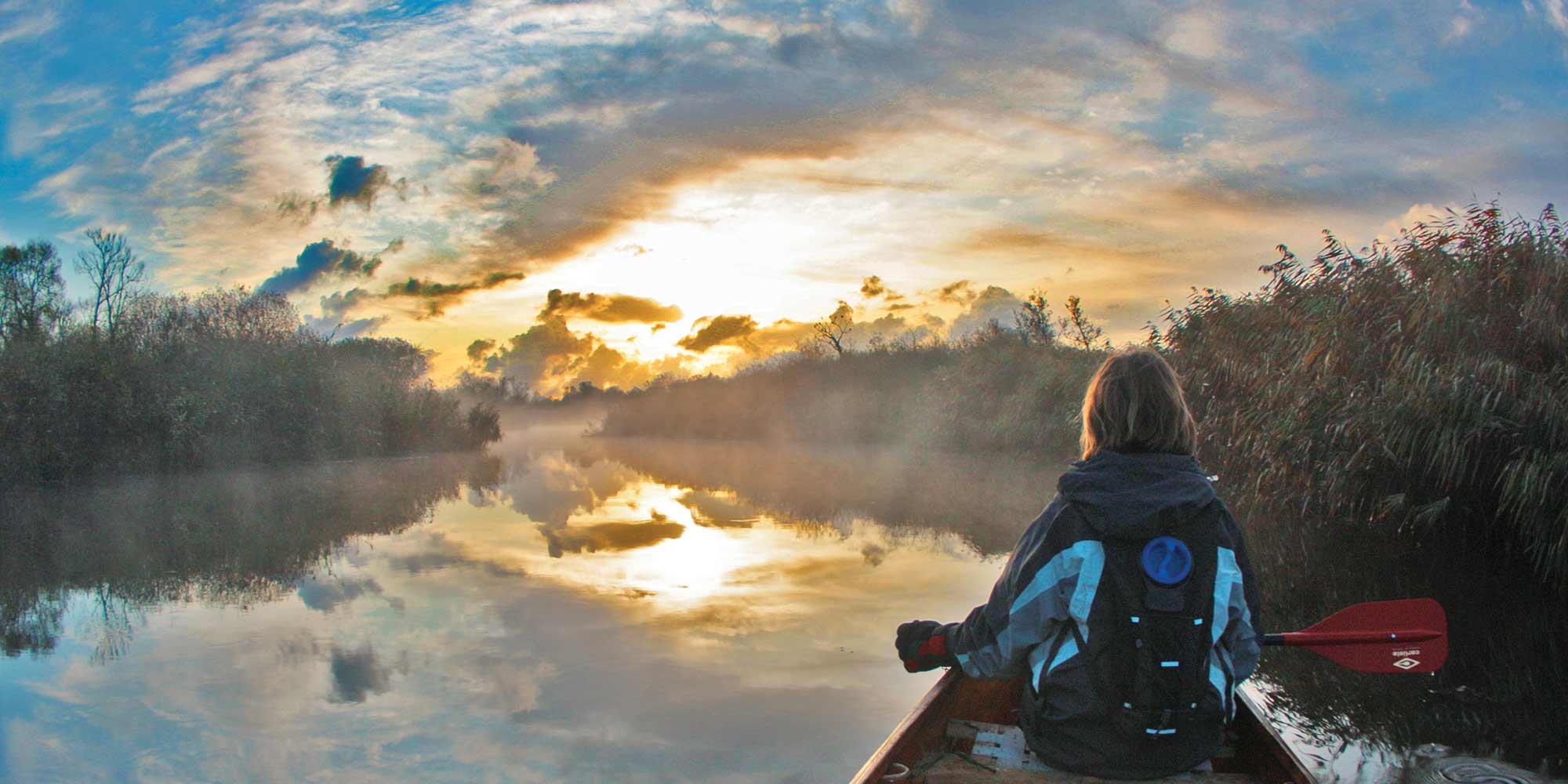 A canoists on a reed lined river at dawn