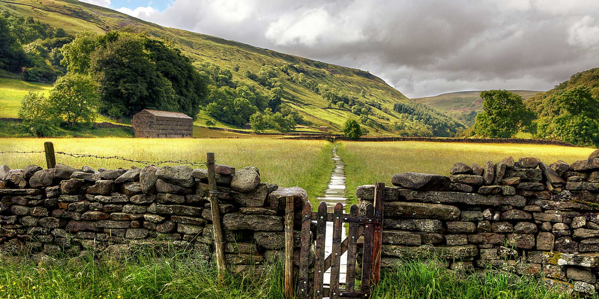 A gate in a stone wall, with a path across a flower meadow stretching into the distance